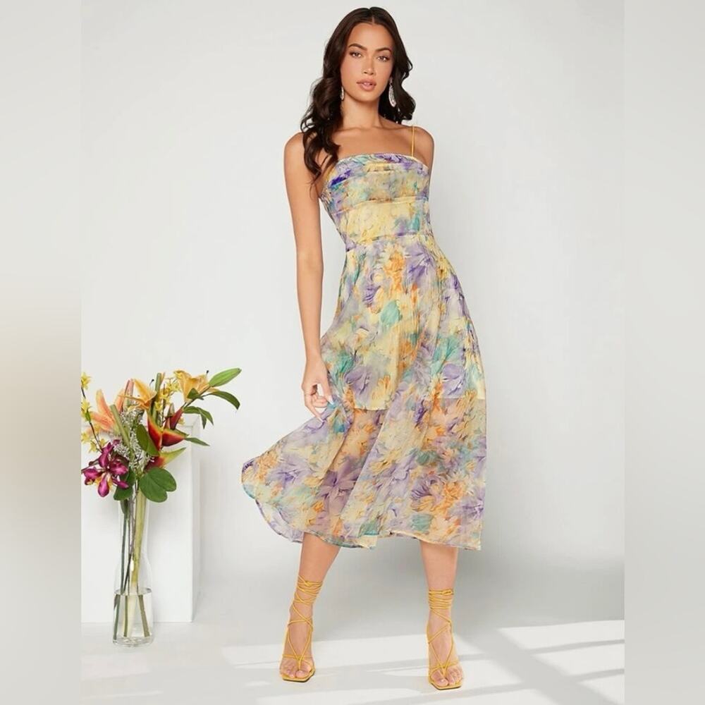 SHEIN NWT Size 6 (Medium) Floral Print Water Color Sheer Overlay Cami Midi Dress